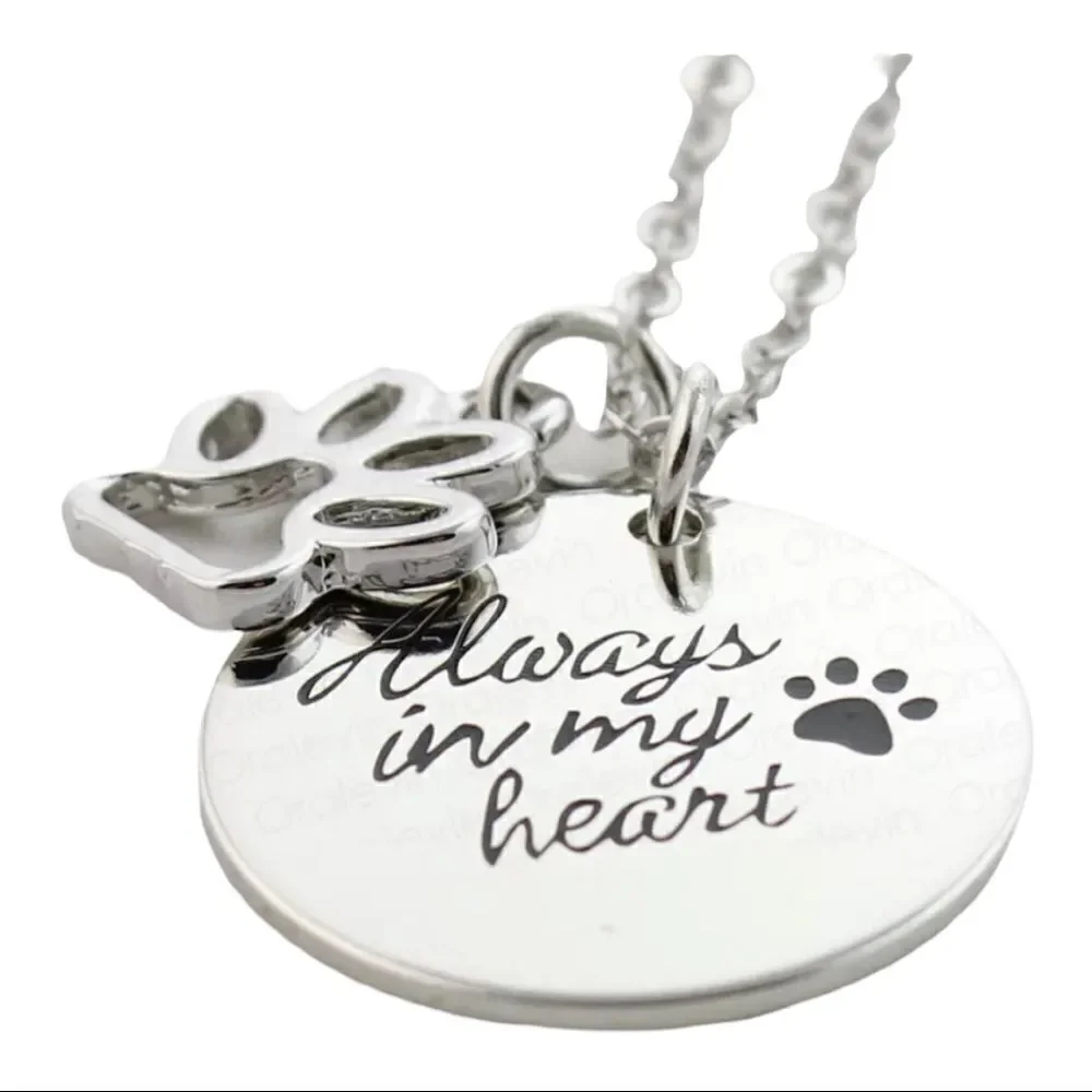 Dog Always In My Heart Paw Print Silver Plated Charm Necklace NWT